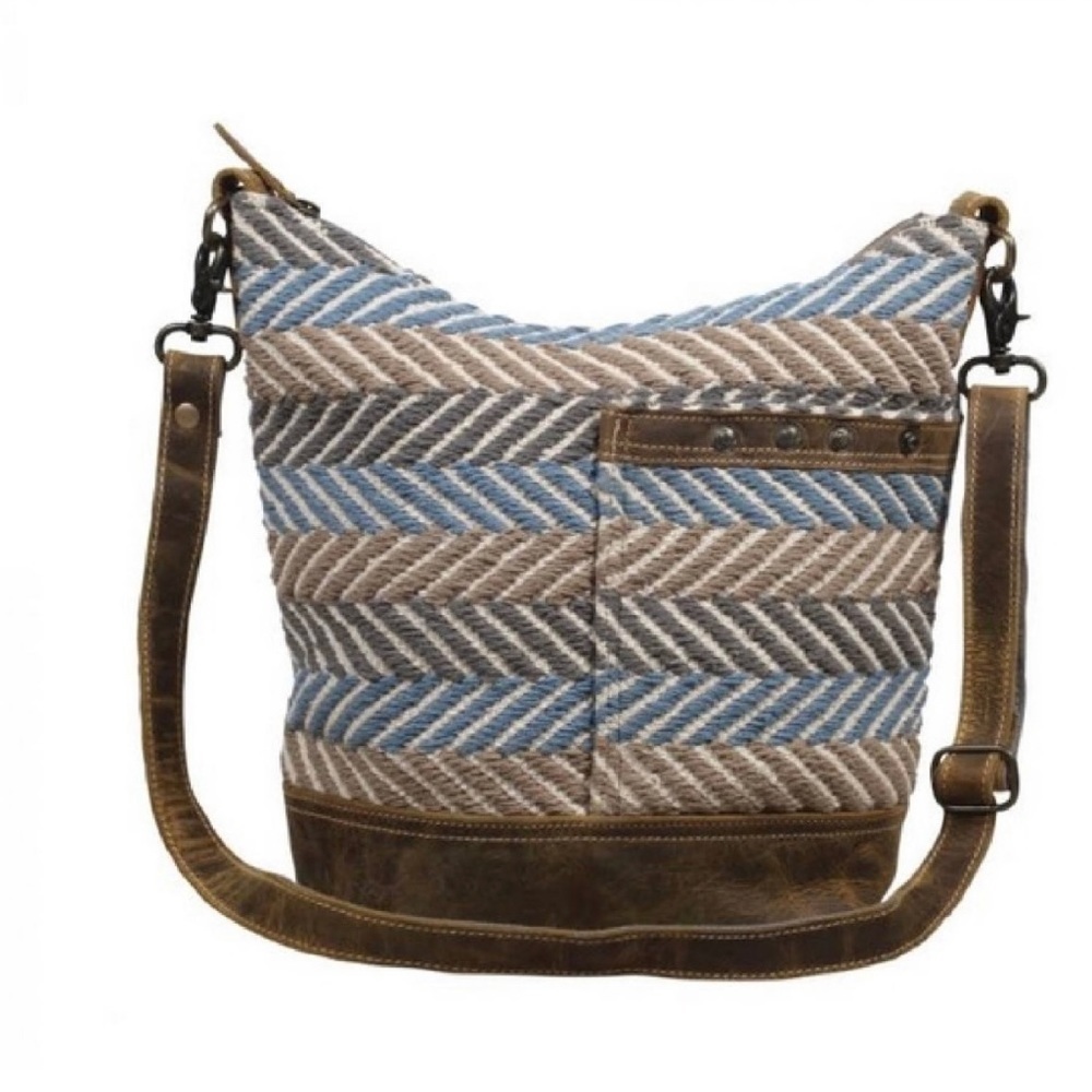 Myra Shoulder Bag - Blue Chip Shoulder Bag - Blues & Browns Leather Studs.